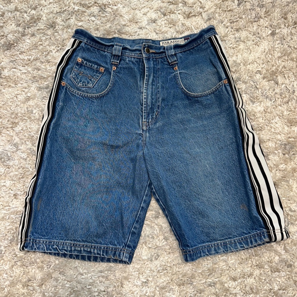 Parasuco Street Couture Mens 32 Blue Denim Shorts Striped Side Tape Y2K Vintage